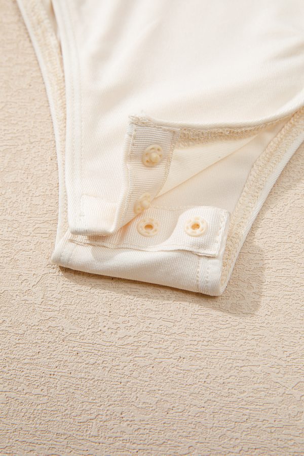 Beige Sequin Long Sleeve Wrap V Neck Bodysuit - Image 8