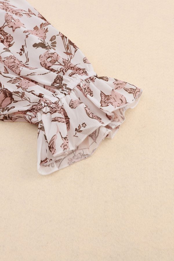 Boho Floral Print Split V Neck Bubble Sleeve Blouse - Image 7