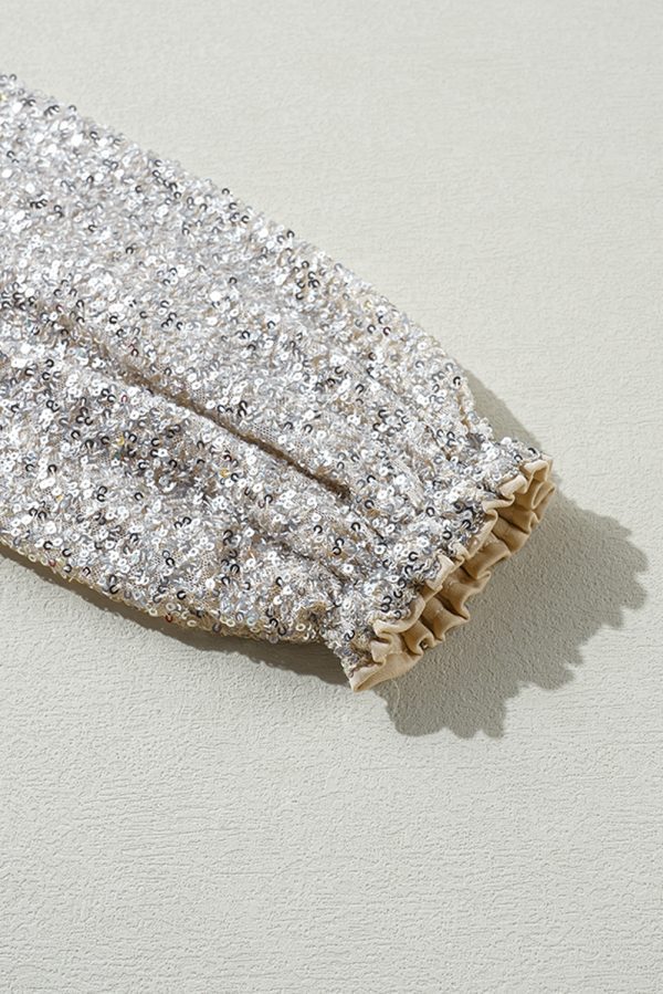 Silvery Sequin Puff Sleeve Cutout Back Blouse - Image 8