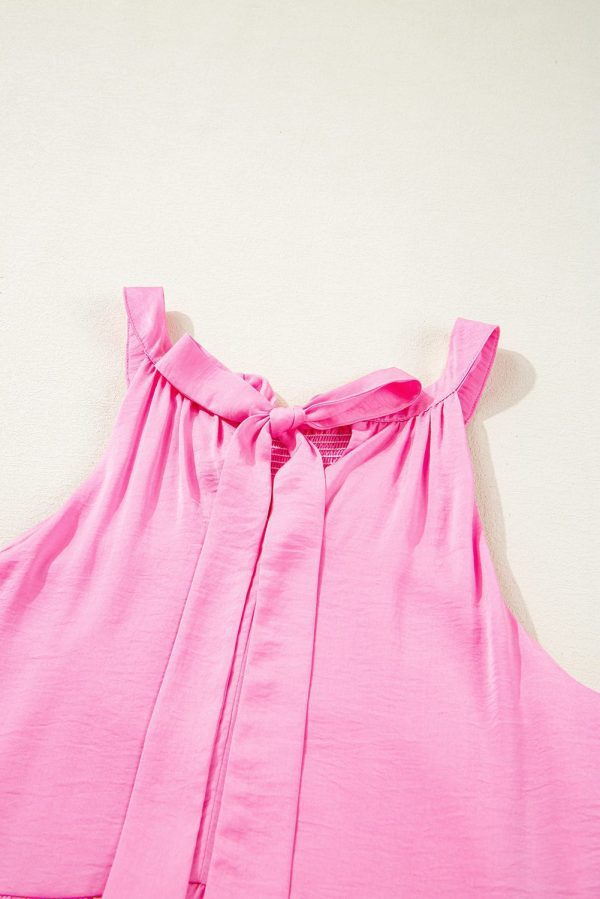 Pink Smocked Neck Knot Back Frilly Tiered Sleeveless Mini Dress - Image 9