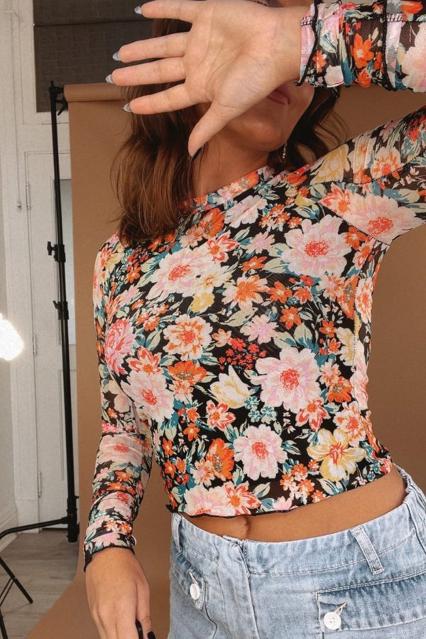 Orange Floral Mesh Slim Long Sleeve Crop Top - Image 7