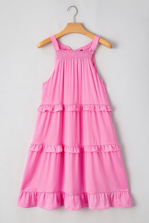 Pink Smocked Neck Knot Back Frilly Tiered Sleeveless Mini Dress - Image 6