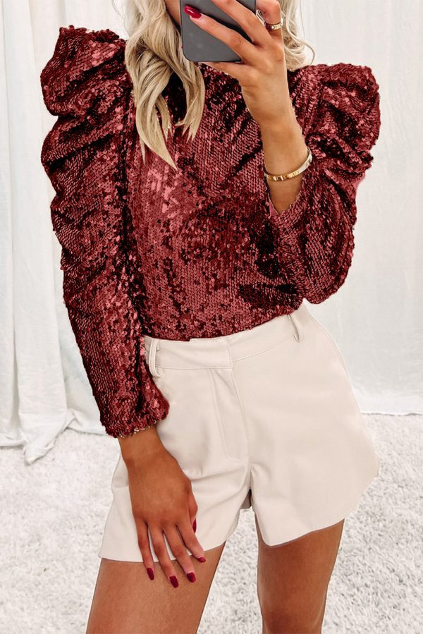 Apricot Sequin Mock Neck Bubble Sleeve Top - Image 16