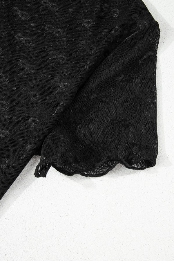 Black Bowknot Sheer Mesh Mock Neck Lettuce Trim Short Sleeve Top - Image 6