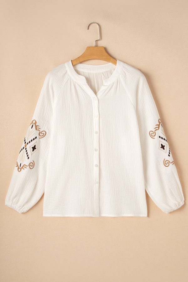 White Embroidered Textured Buttoned Crew Neck Shirt - Image 5