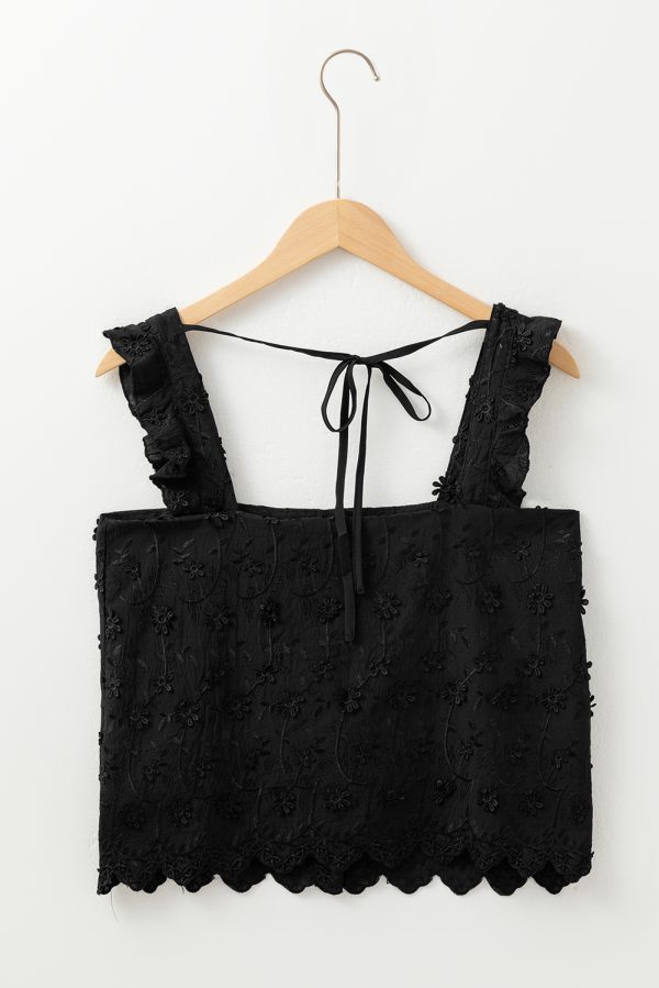 Black Floral Embroidered Buttoned Square Neck Tank Top - Image 5