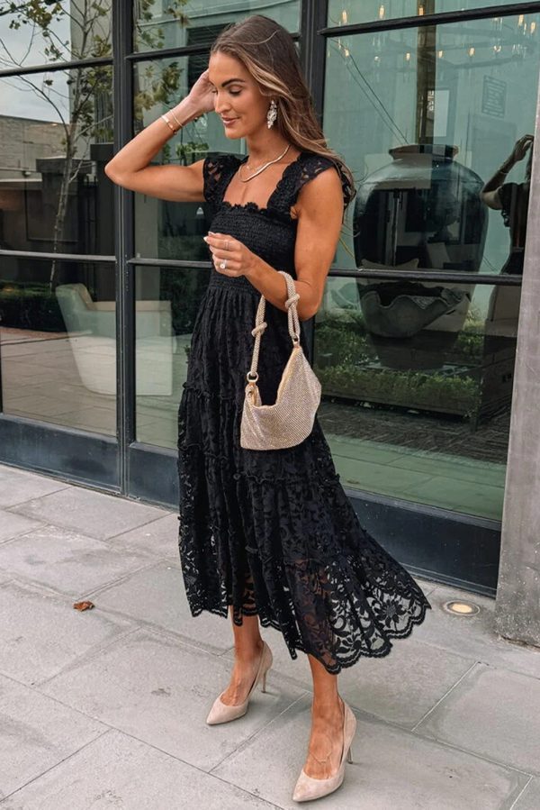 Black Lace Smocked Bodice Sleeveless Midi Dress - Image 2