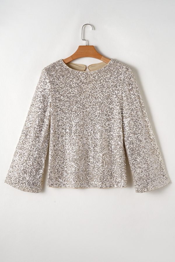 Silvery Sequin Puff Sleeve Cutout Back Blouse - Image 6