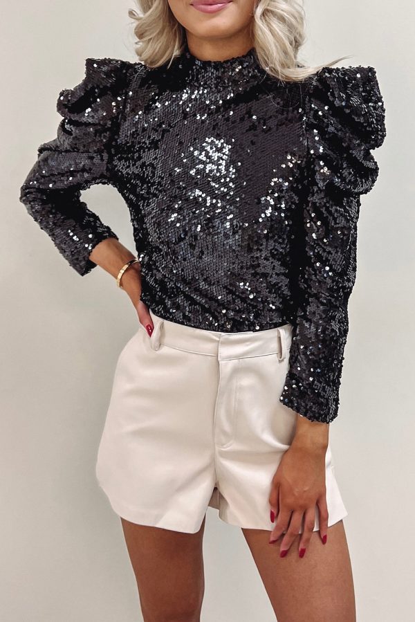 Apricot Sequin Mock Neck Bubble Sleeve Top - Image 11