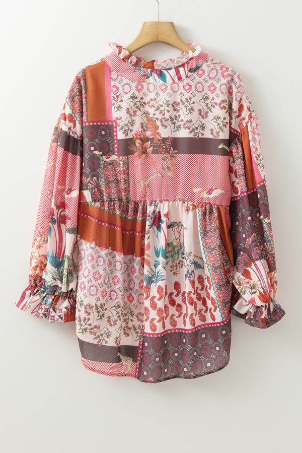Red Boho Geometric Mixed Print Patchwork Bubble Sleeve Shirt - Image 8