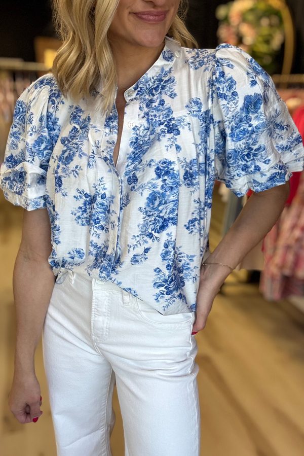 Sky Blue Floral Tiered Puff Short Sleeve Pleated Bust Buttoned Casual Shirt - Image 2
