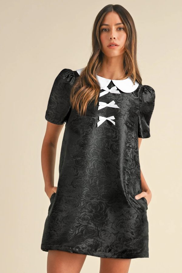 Black Floral Embossed Puff Sleeve Colorblock Bow Collared Mini Dress - Image 3