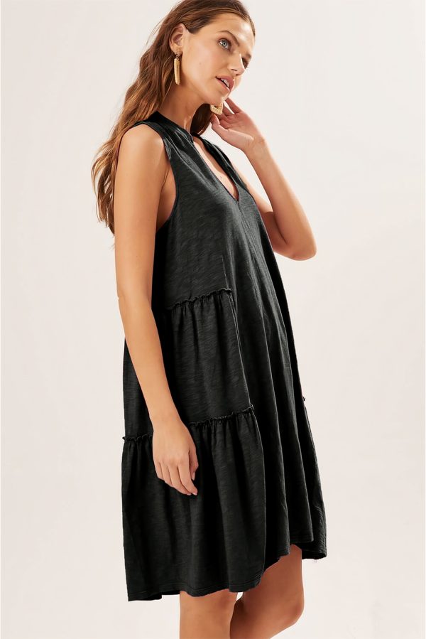 Black Split V Neck Tiered Flowy Sleeveless Dress - Image 6