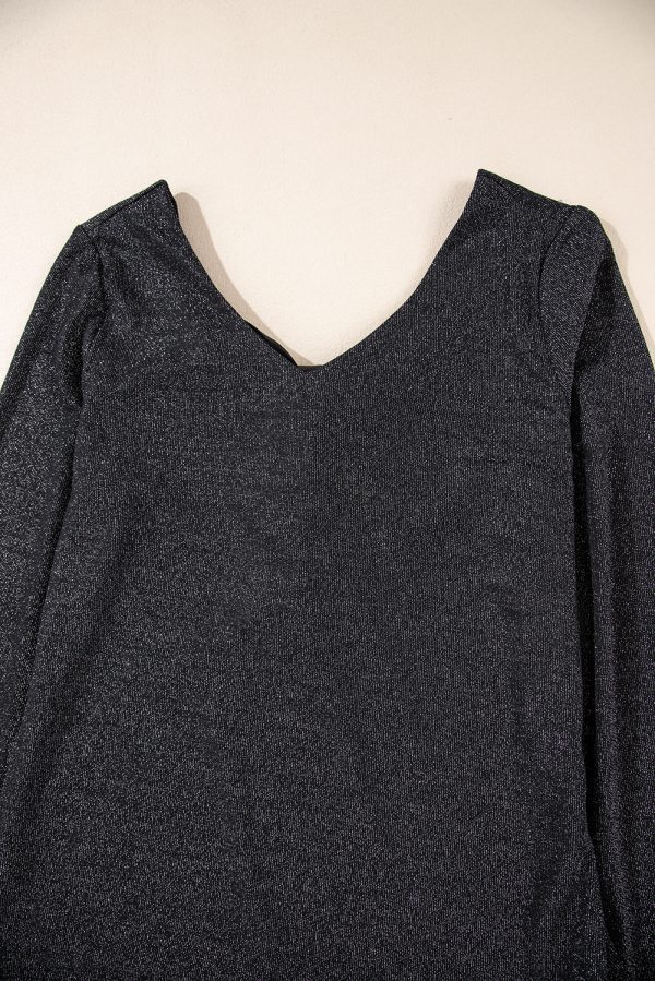 Black Metallic Bowknot Open Back V Neck Top - Image 7