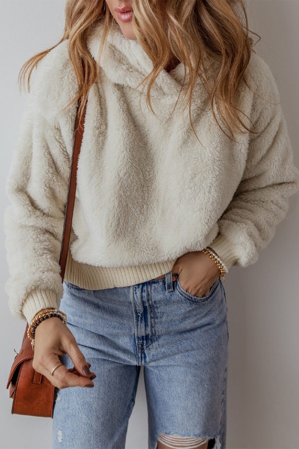 White Contrast Ribbed Edge Plush Hoodie - Image 3