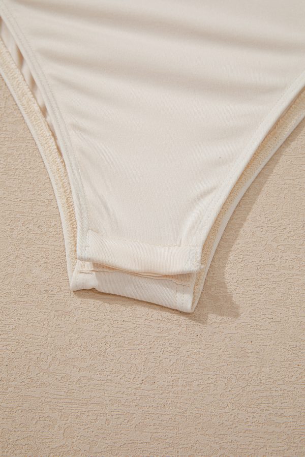 Beige Sequin Long Sleeve Wrap V Neck Bodysuit - Image 9