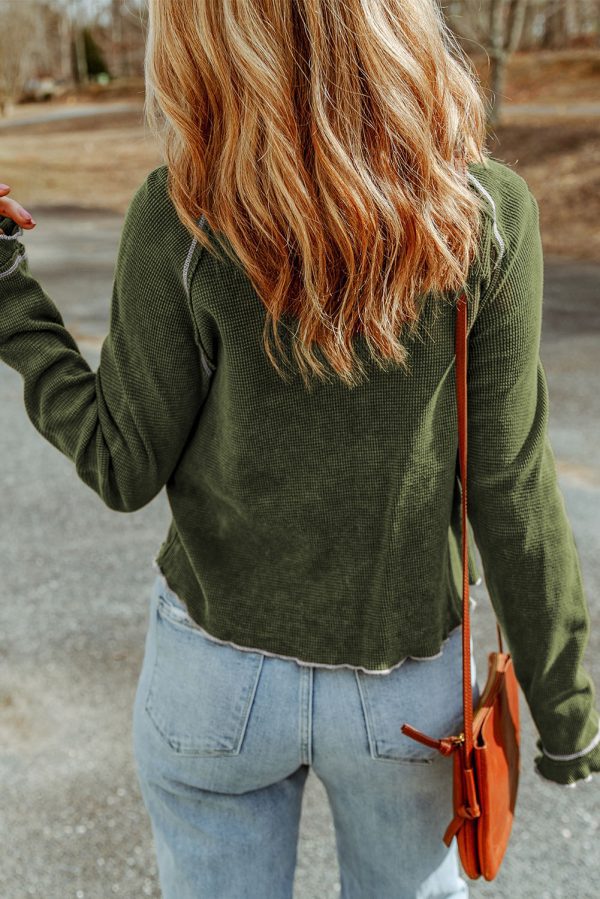 Black Textured Round Neck Long Sleeve Top - Image 34