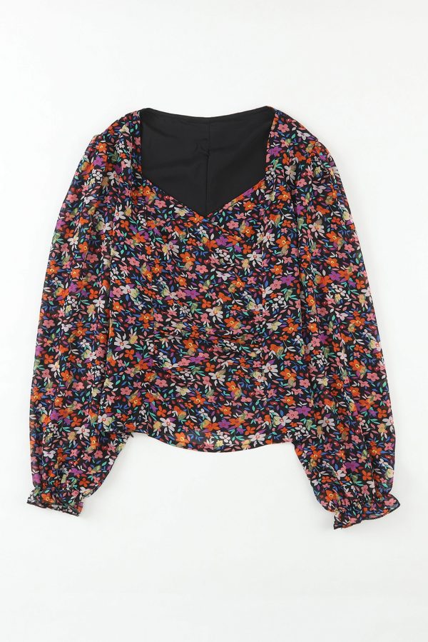 Black V Neck Bubble Sleeve Floral Blouse - Image 4