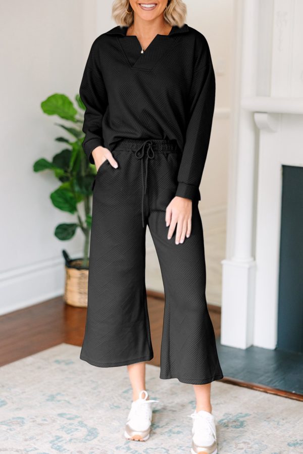 Light Grey Solid Textured Collared V Neck Top and Wide Leg Pants Set - Image 13