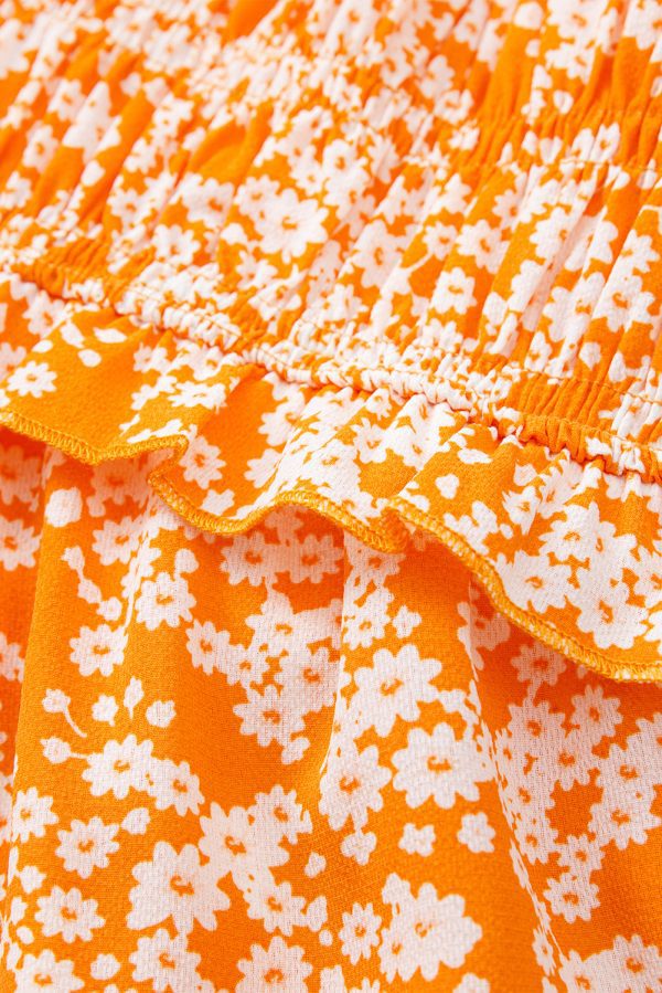 Orange Floral Print Smocked V Neck Wide Sleeve Maxi Dress - Image 11