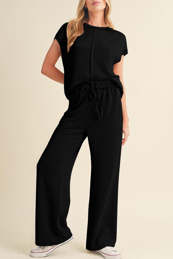 Navy Blue Solid Color Corded Short Sleeve Top and Casual Pants Set - Image 7