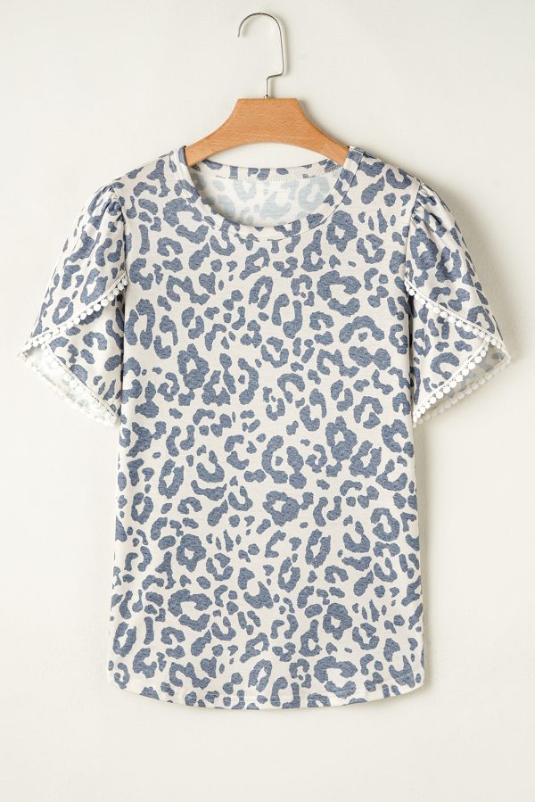 Beige Leopard Round Neck Lace Trim Petal Sleeve T Shirt - Image 4
