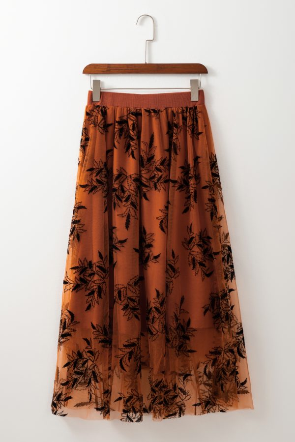 Peach Blossom Floral Leaves Embroidered High Waist Maxi Skirt - Image 16