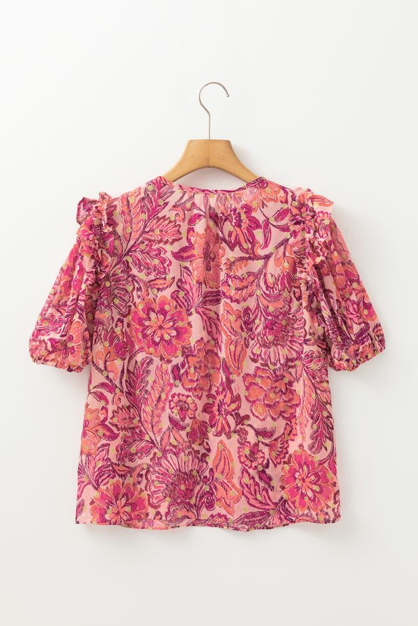 Red Floral Print Ruffled Puff Short Sleeve Blouse - Image 6