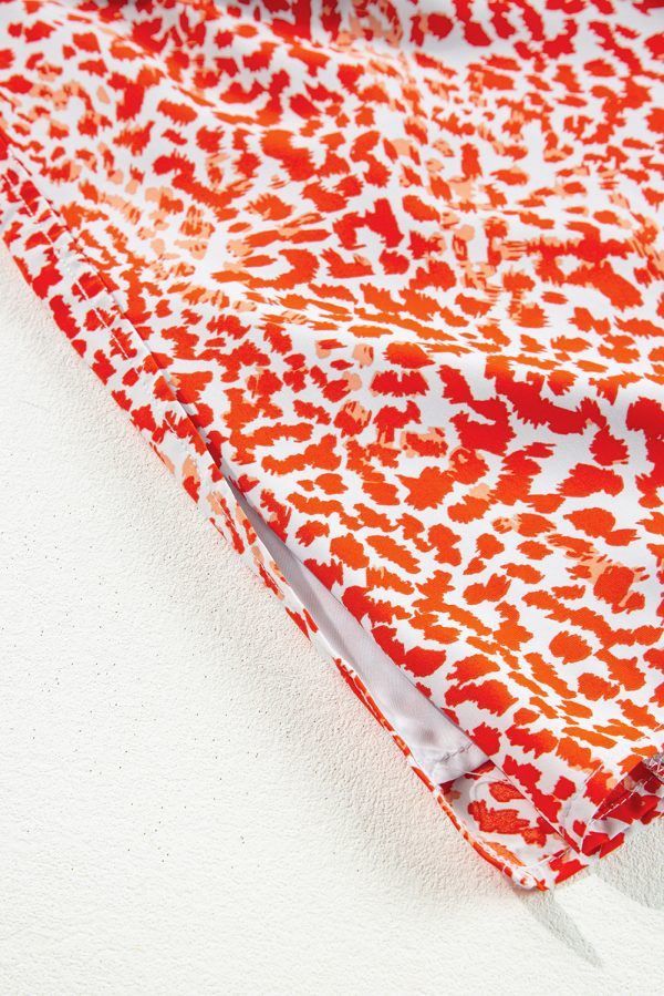 Tomato Red Leopard Print Long Sleeve Hollowed Back Split Mini Dress - Image 8