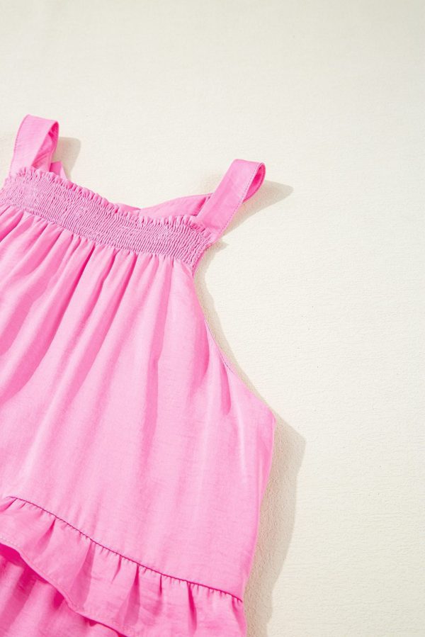 Pink Smocked Neck Knot Back Frilly Tiered Sleeveless Mini Dress - Image 10