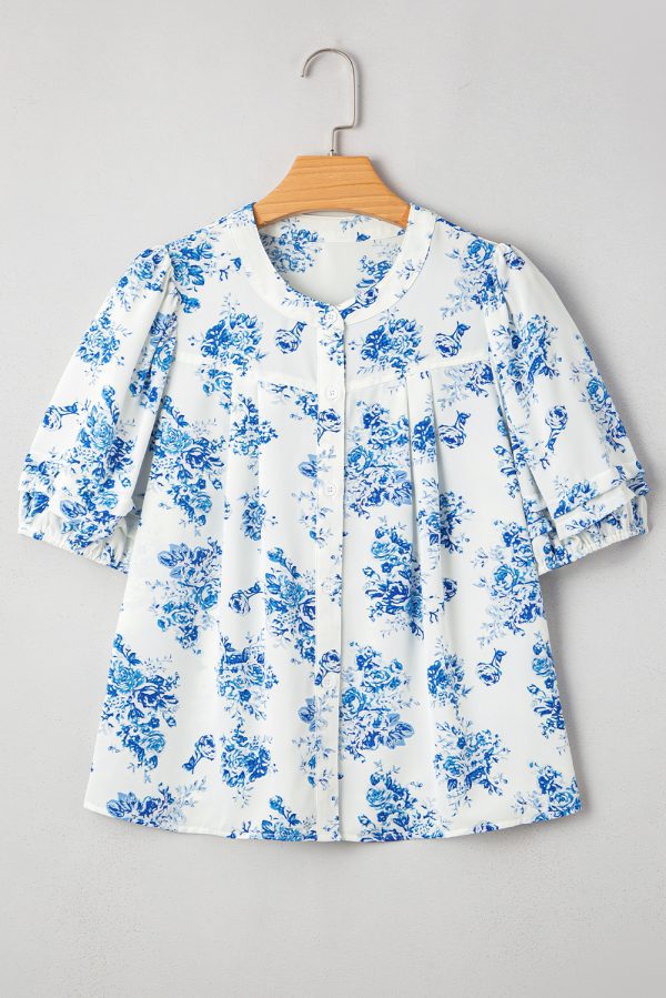 Sky Blue Floral Tiered Puff Short Sleeve Pleated Bust Buttoned Casual Shirt - Image 4