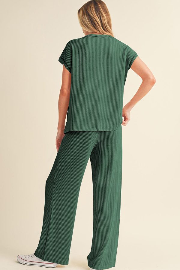 Navy Blue Solid Color Corded Short Sleeve Top and Casual Pants Set - Image 25