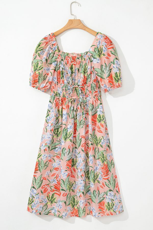 Apricot Pink Floral Smocked Bust Bubble Short Sleeve Maxi Dress - Image 7