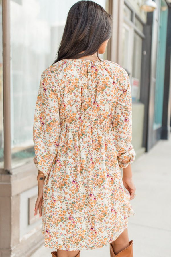 Yellow Boho Floral V Neck Ruffled Empire Waist Long Sleeve Mini Dress - Image 2