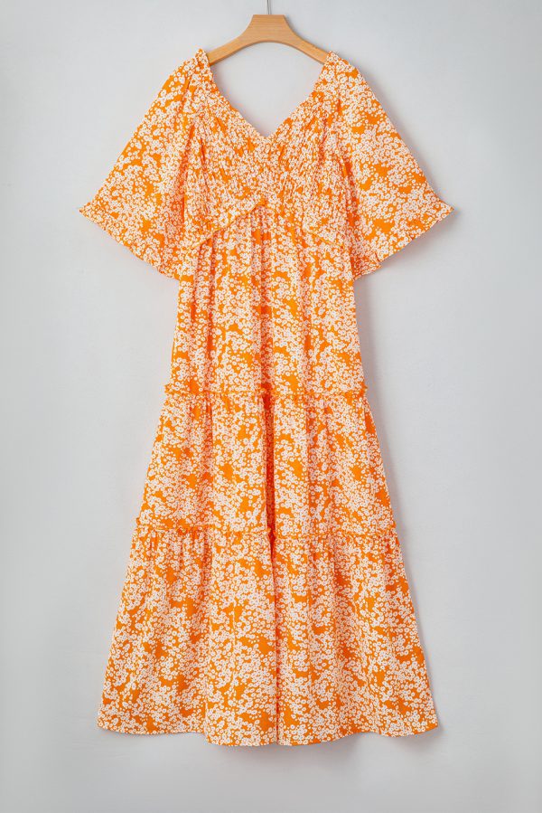 Orange Floral Print Smocked V Neck Wide Sleeve Maxi Dress - Image 9