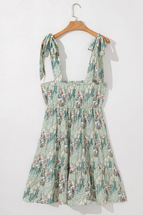 Gray Floral Knotted Strap Smocked Tiered Ruffle Mini Dress - Image 5