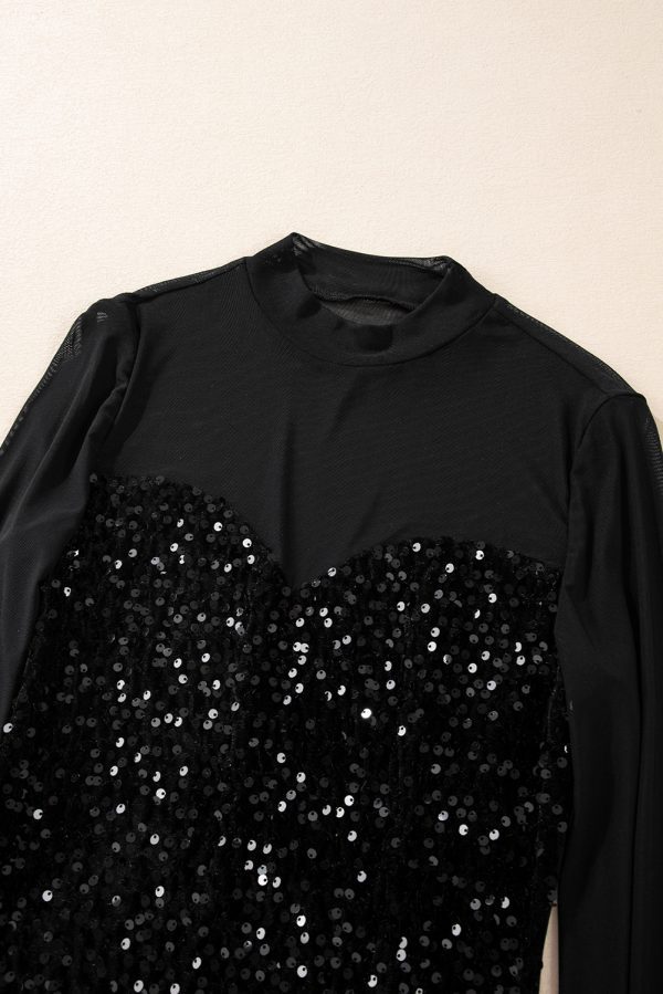 Black Sequin Velvet Sheer Mesh Mock Neck Blouse - Image 8