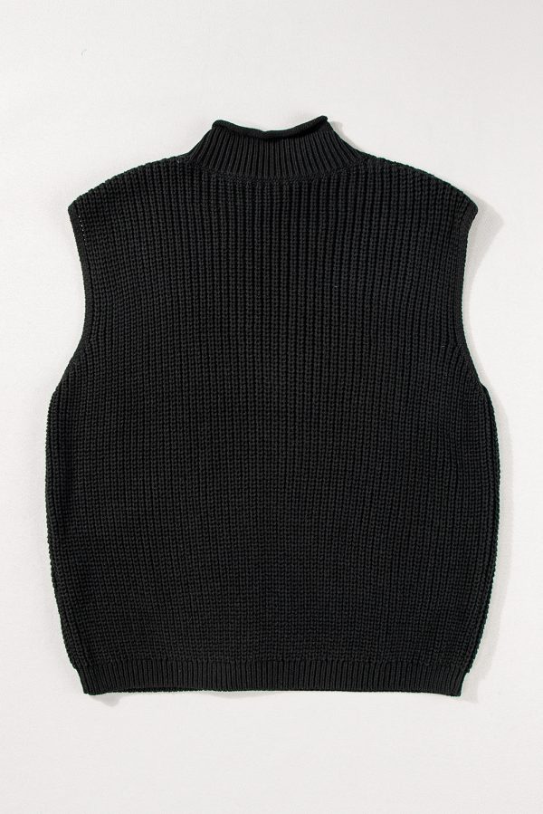 Black Solid Color Cable Knit High Neck Sweater Vest - Image 8