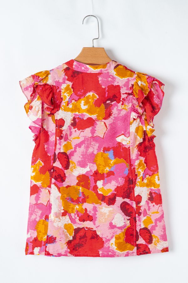 Red Abstract Print Split V Neck Ruffle Short Sleeve Blouse - Image 4