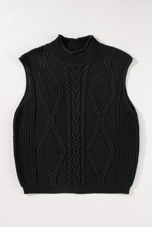 Black Solid Color Cable Knit High Neck Sweater Vest - Image 7