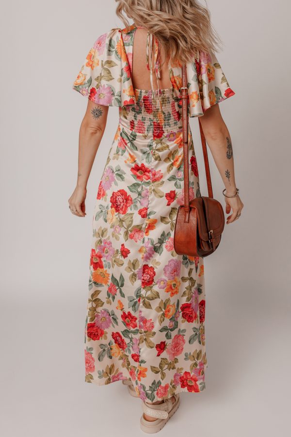 Multicolour Vintage Floral V Neck Short Sleeve Tie Back Long Slit Dress - Image 2