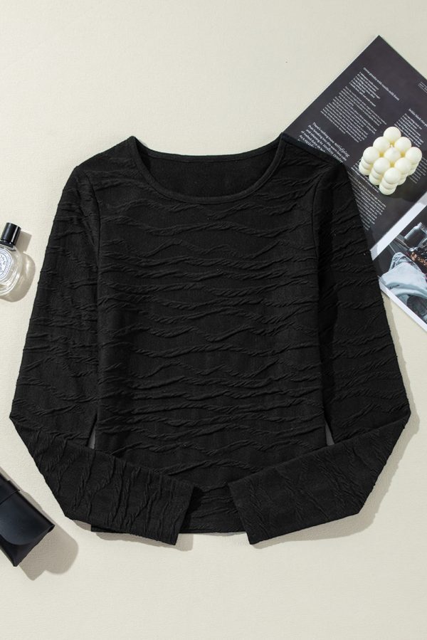 Black Solid Wavy Textured Slim Fit Long Sleeve T Shirt - Image 6