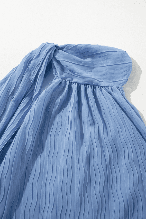 Myosotis Textured Pleated Tied Mock Neck Flowy Tank Top - Image 6