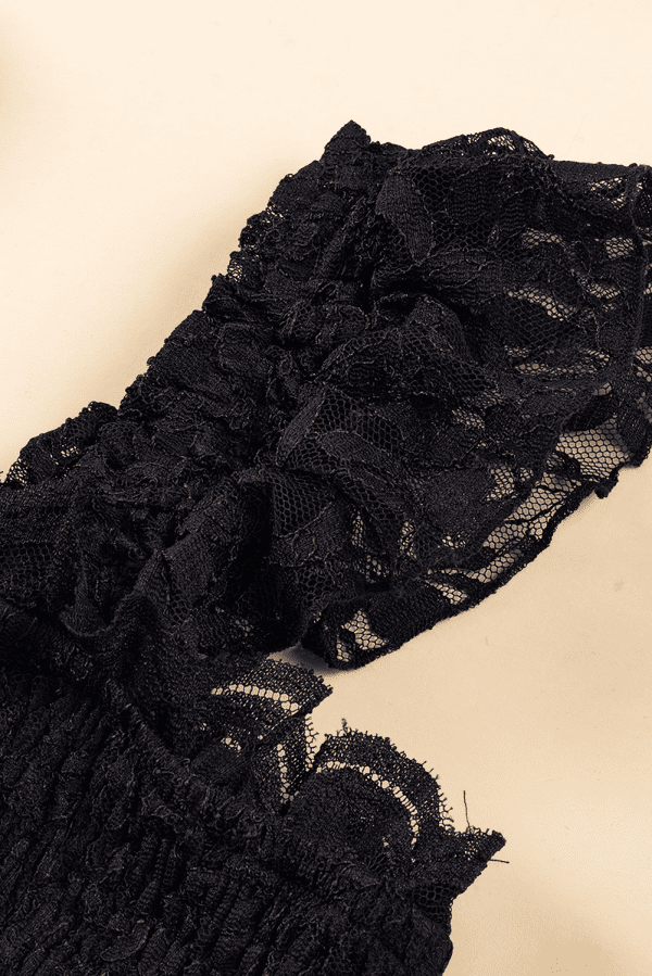 Black Lace Smocked Bodice Sleeveless Midi Dress - Image 8