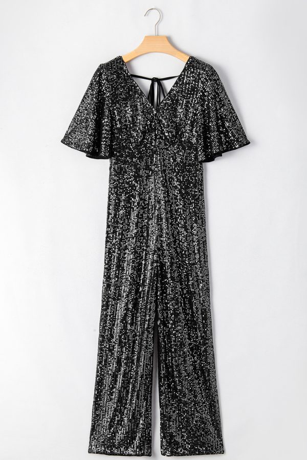 Black Sequin V Neck Flutter Sleeve Wide Leg Jumpsuit - Image 5