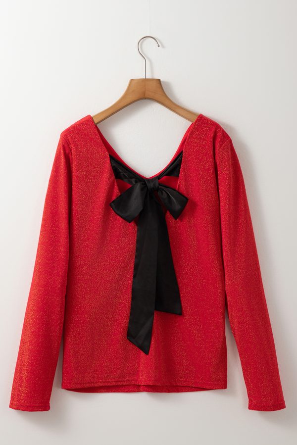 Black Metallic Bowknot Open Back V Neck Top - Image 13