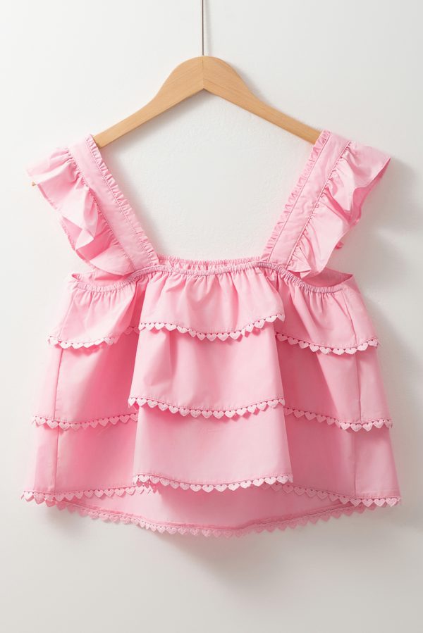 Pink Tiered Heart Trim Square Neck Flutter Top - Image 4