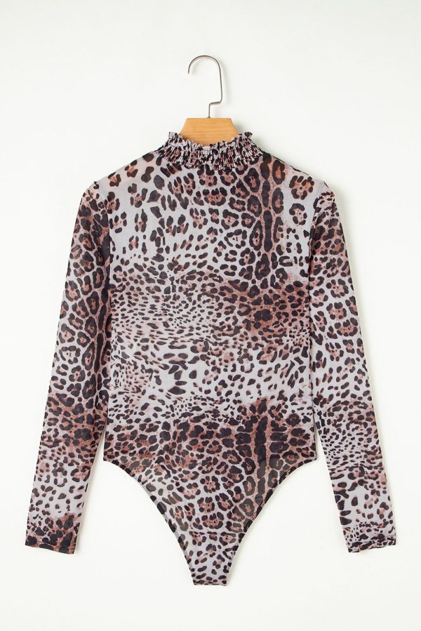 Brown Leopard Smocked Neck Mesh Long Sleeve Bodysuit - Image 8