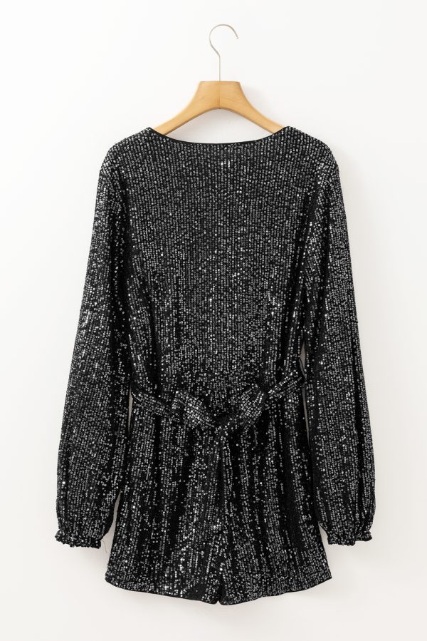 Black Sequined V Neck Wrapped Long Sleeve Romper - Image 7