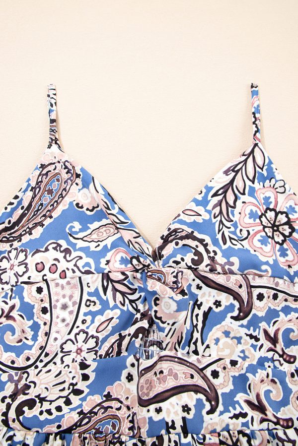 Blue Paisley Print Twist Detail Smocked Back Spaghetti Straps Long Dress - Image 4